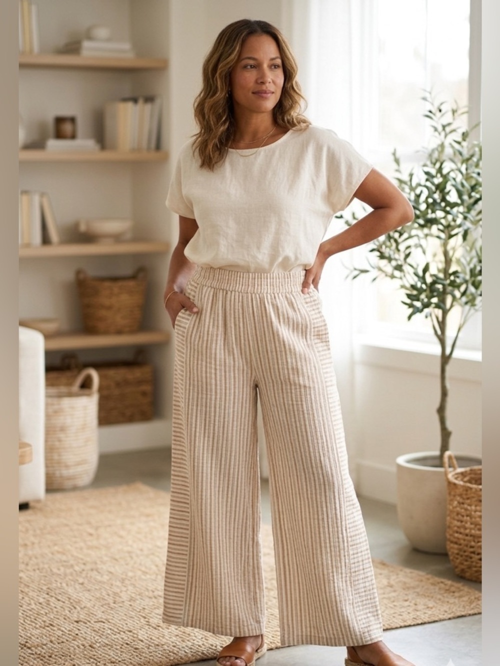 Tan & White Striped Cotton Wide Leg Pants | Sz L